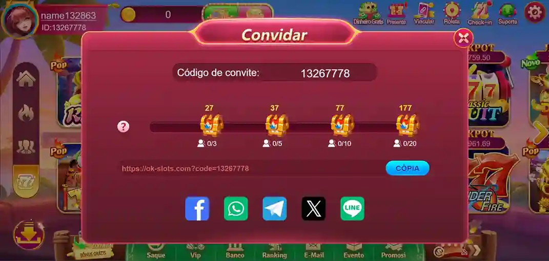 Código de convite e baús com bônus